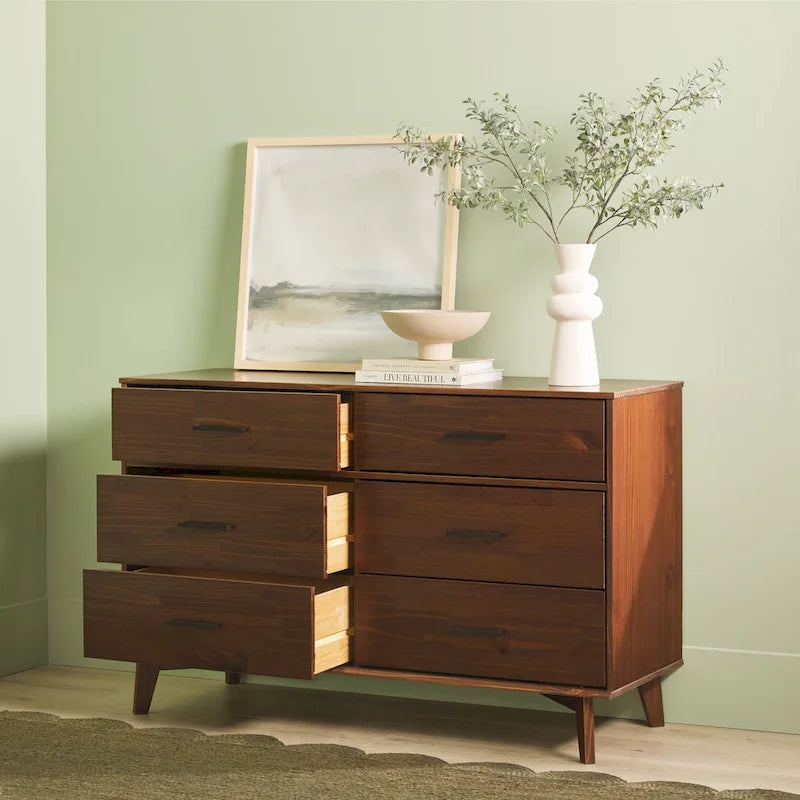 Commode à 6 tiroirs en bois massif avec poignées métalliques, coloris Caramel / Noyer, 1 personne