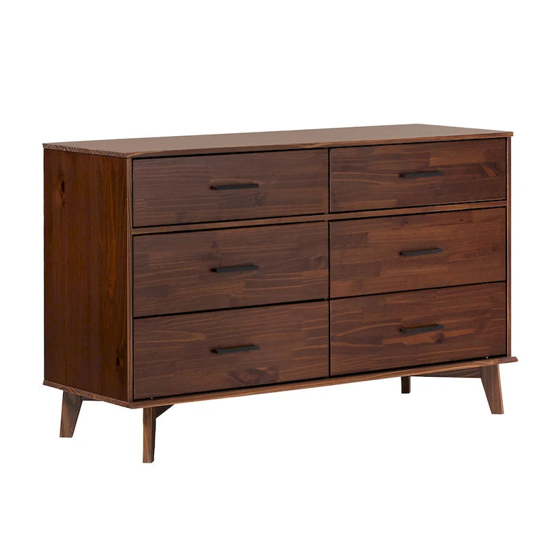 Commode à 6 tiroirs en bois massif avec poignées métalliques, coloris Caramel / Noyer, 1 personne