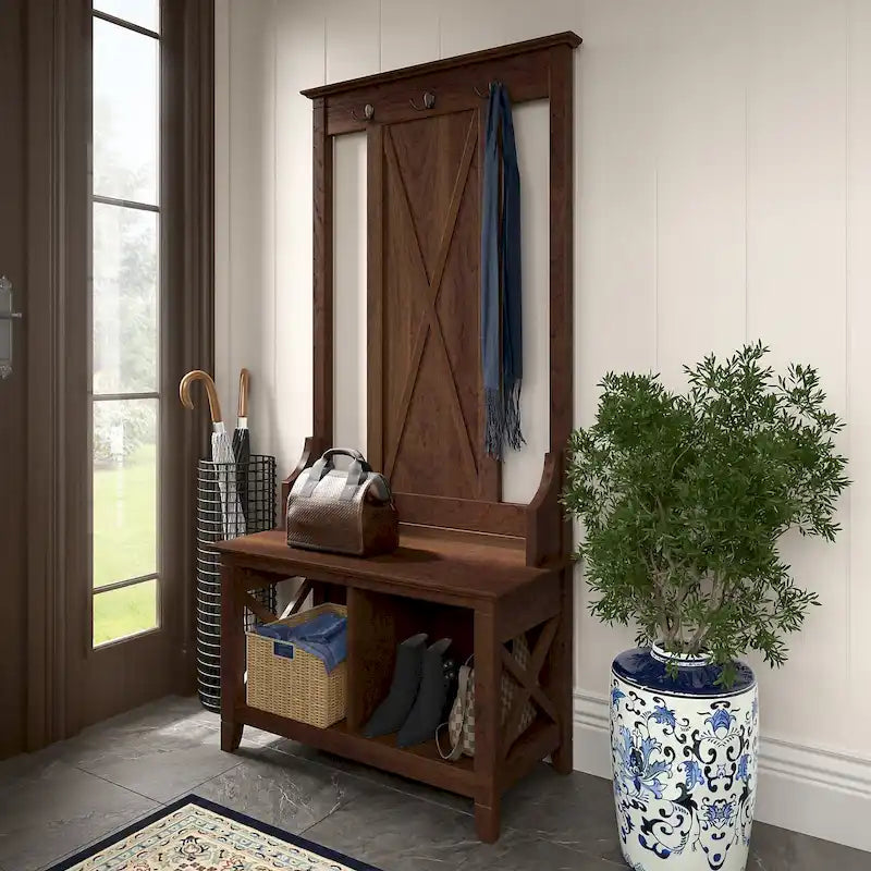 Hall Tree with Shoe Storage Bench, X-Pattern Style, 1-Person