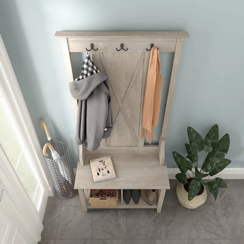 Porte-manteau avec banc de rangement à chaussures, motif en X, pour 1 personne