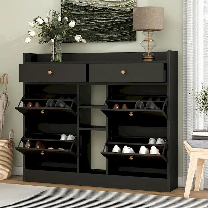 Meuble à chaussures rabattable blanc/noir, organisateur de rangement à 6 tiroirs et 2 niveaux, assemblage par 2 personnes