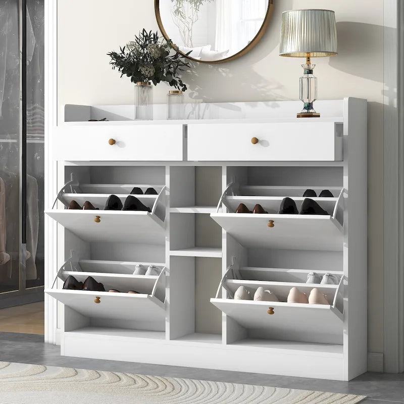 White/Black Flip-Down Shoe Cabinet, 6-Drawer 2-Tier Storage Organizer, 2-Person Assembly