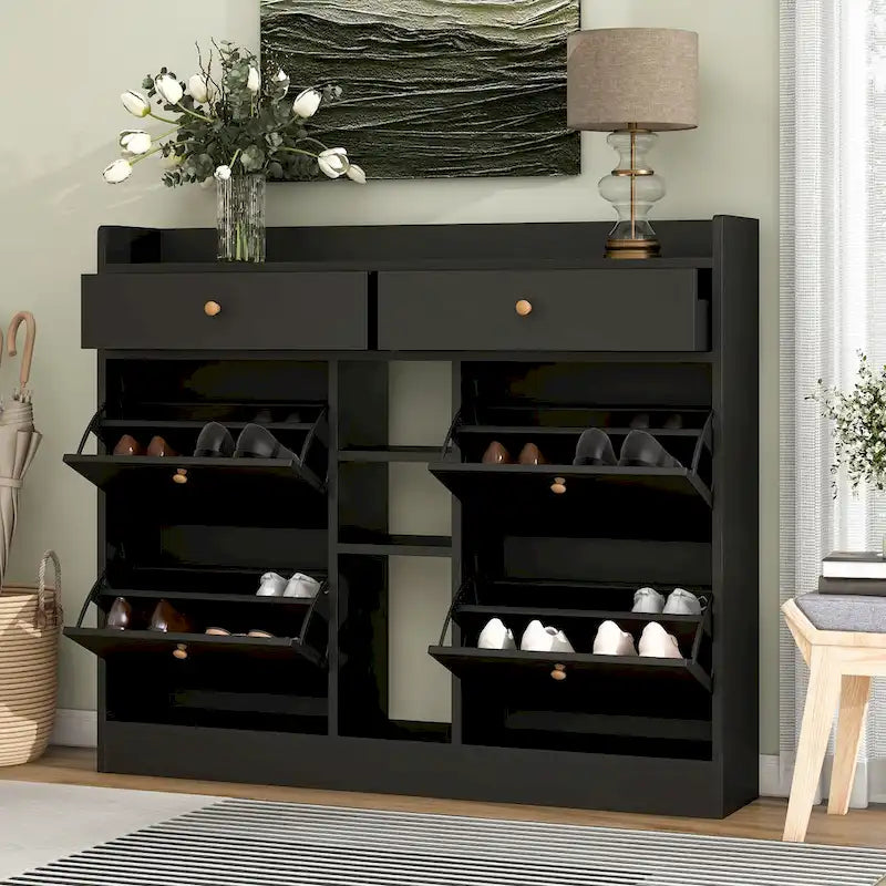 Meuble à chaussures rabattable blanc/noir, organisateur de rangement à 6 tiroirs et 2 niveaux, assemblage par 2 personnes