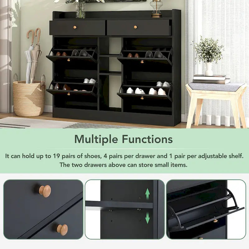 Meuble à chaussures rabattable blanc/noir, organisateur de rangement à 6 tiroirs et 2 niveaux, assemblage par 2 personnes