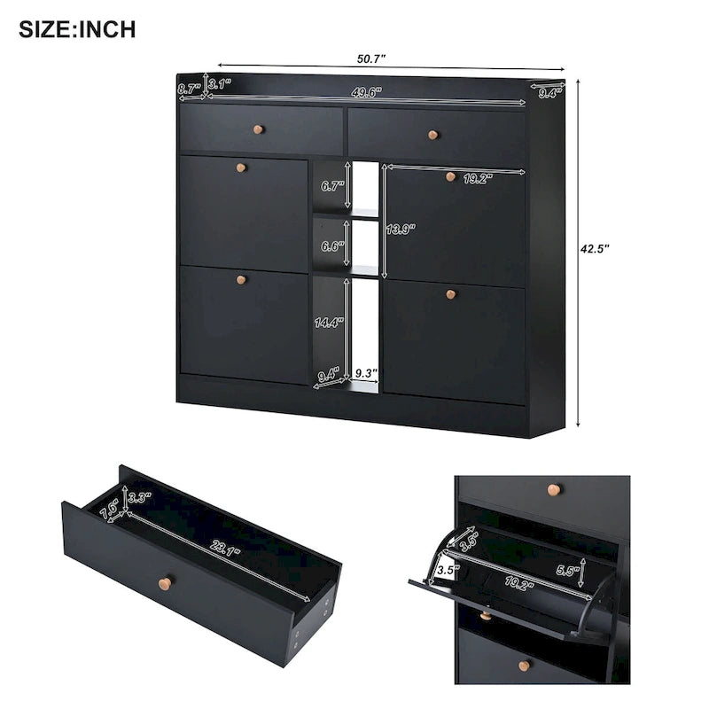 Meuble à chaussures rabattable blanc/noir, organisateur de rangement à 6 tiroirs et 2 niveaux, assemblage par 2 personnes