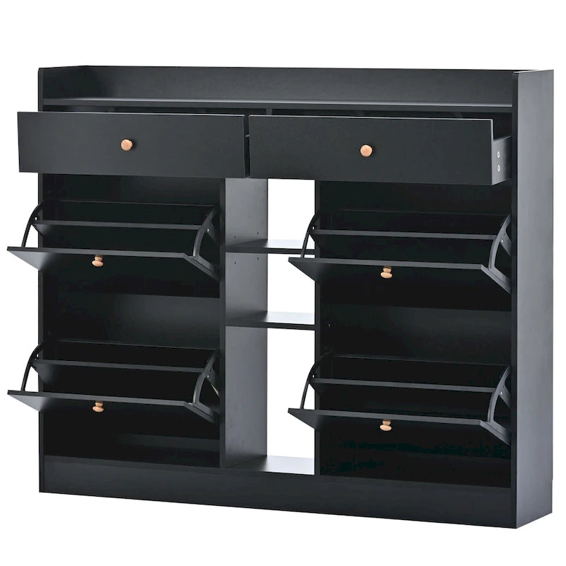 Meuble à chaussures rabattable blanc/noir, organisateur de rangement à 6 tiroirs et 2 niveaux, assemblage par 2 personnes