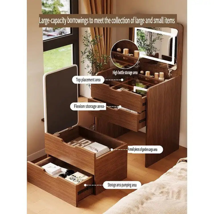 Coiffeuse 3-en-1 Noyer avec Miroir Rabattable, Simple, 48cm