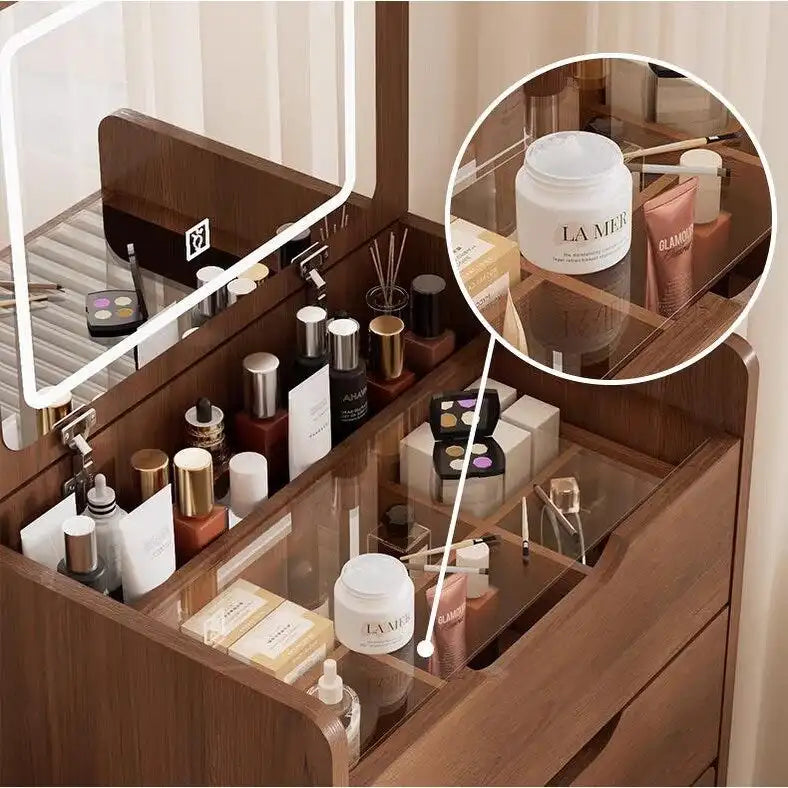 Coiffeuse 3-en-1 Noyer avec Miroir Rabattable, Simple, 48cm