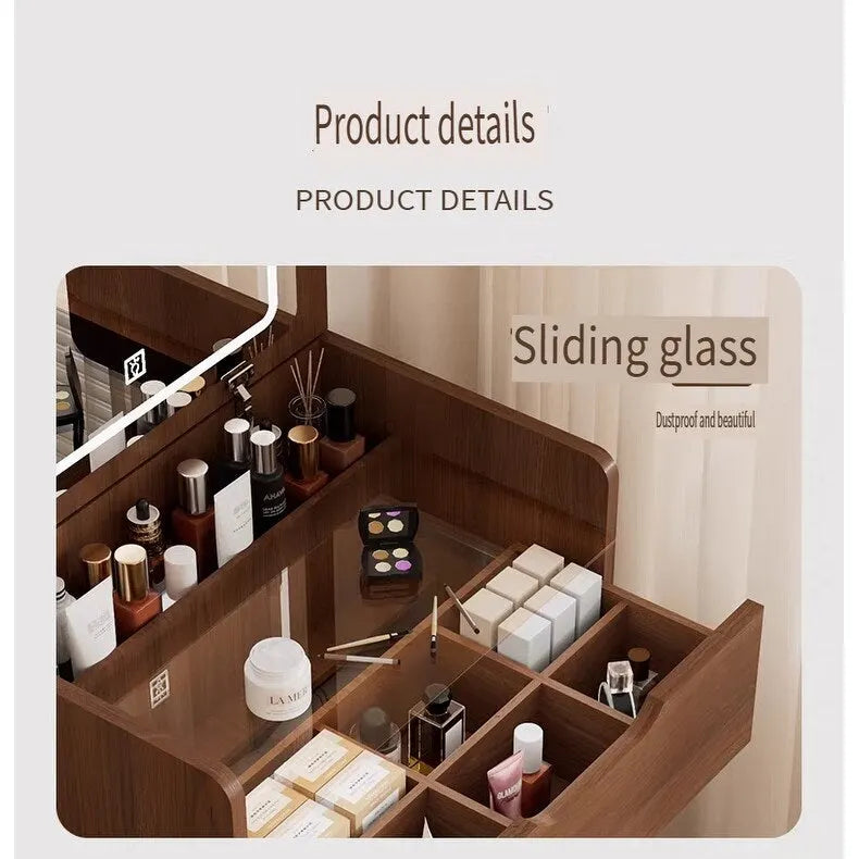 Coiffeuse 3-en-1 Noyer avec Miroir Rabattable, Simple, 48cm