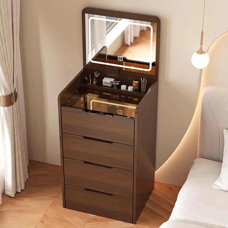 Coiffeuse 3-en-1 Noyer avec Miroir Rabattable, Simple, 48cm