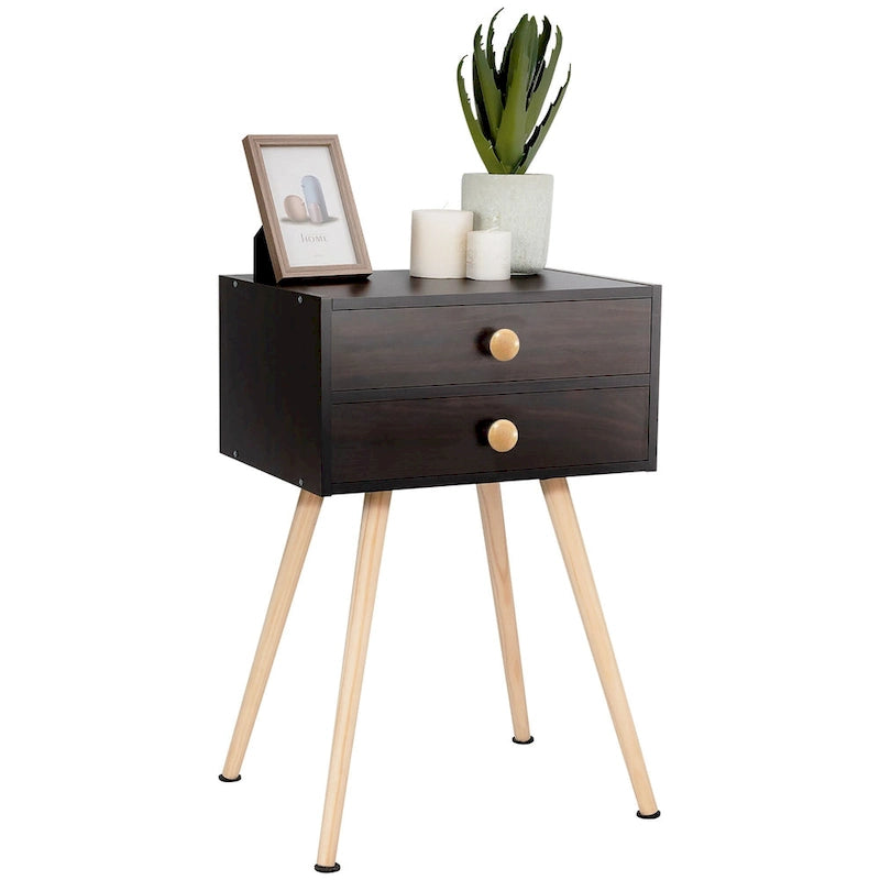 Table de chevet à 2 tiroirs Espresso, style Mid-Century, simple