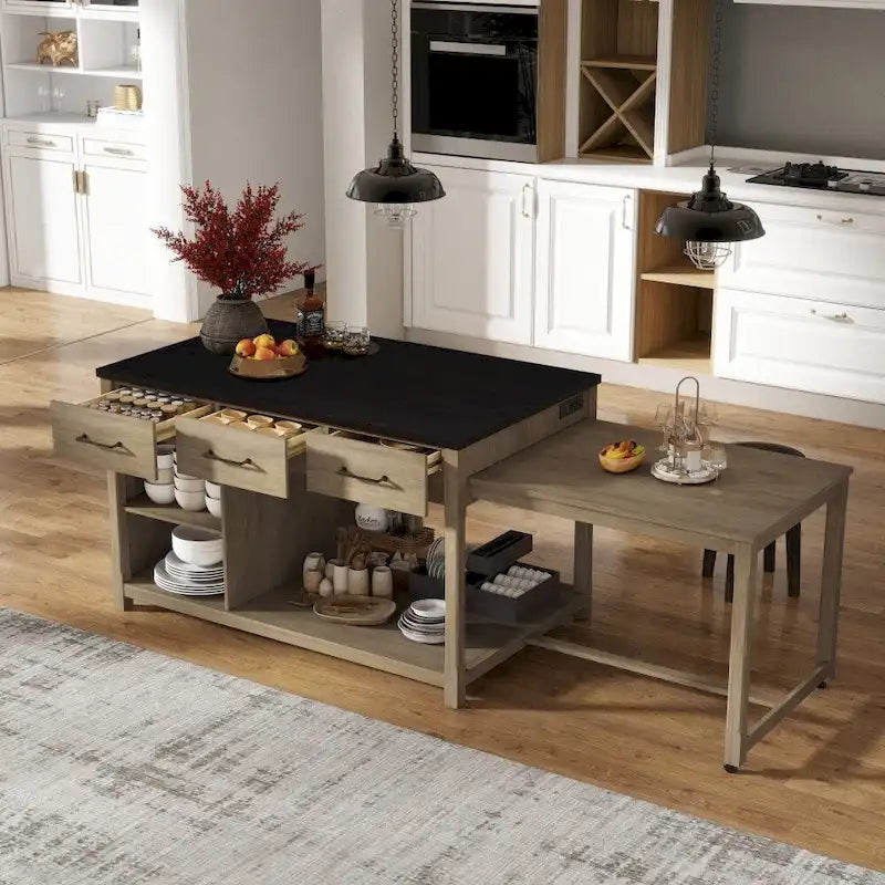 Îlot de cuisine extensible Espresso avec prises de courant et tiroirs