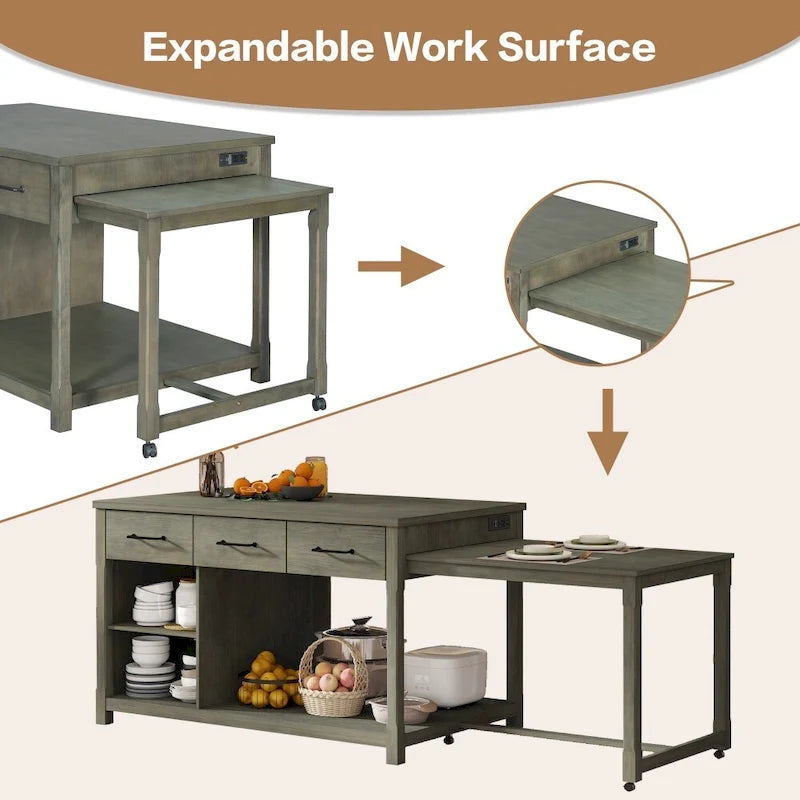 Îlot de cuisine extensible Espresso avec prises de courant et tiroirs