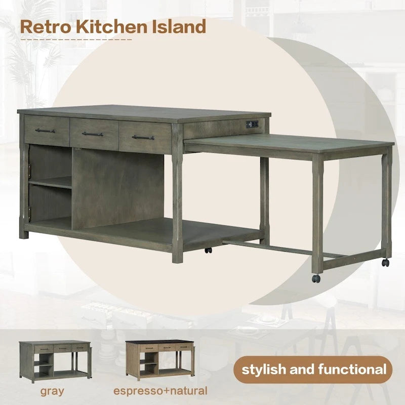 Îlot de cuisine extensible Espresso avec prises de courant et tiroirs