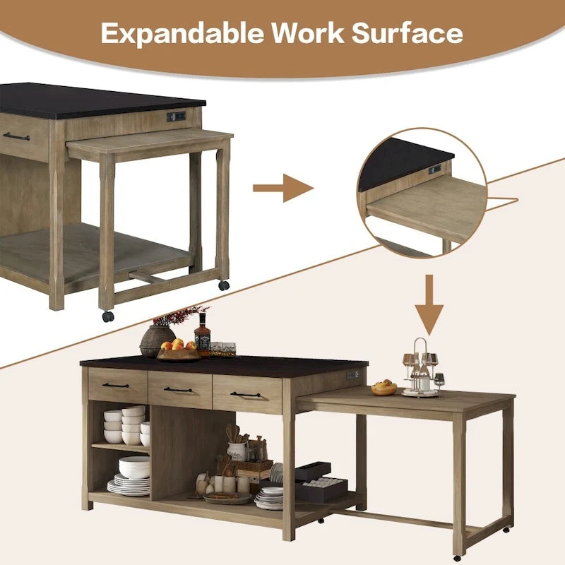 Îlot de cuisine extensible Espresso avec prises de courant et tiroirs