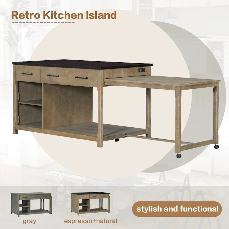 Îlot de cuisine extensible Espresso avec prises de courant et tiroirs