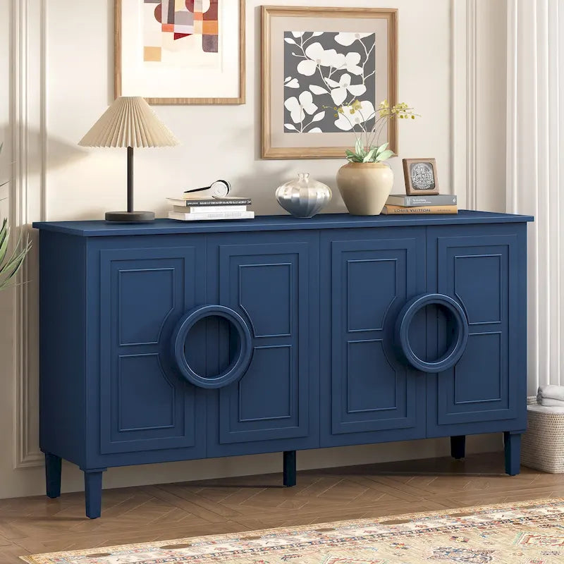 Bahut 4 portes de style français bleu marine/noir avec poignées à anneau