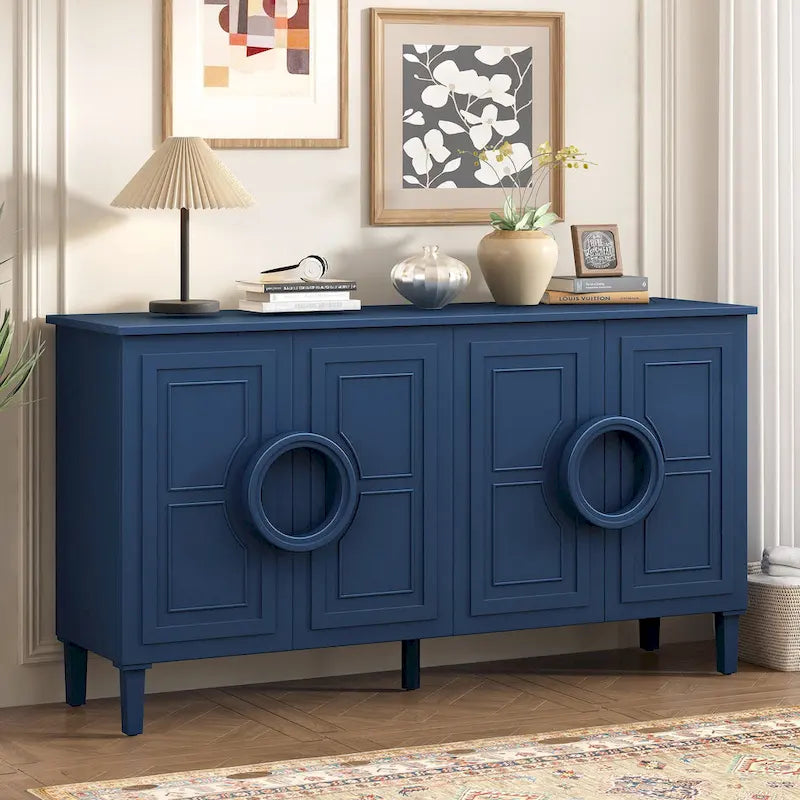 Bahut 4 portes de style français bleu marine/noir avec poignées à anneau