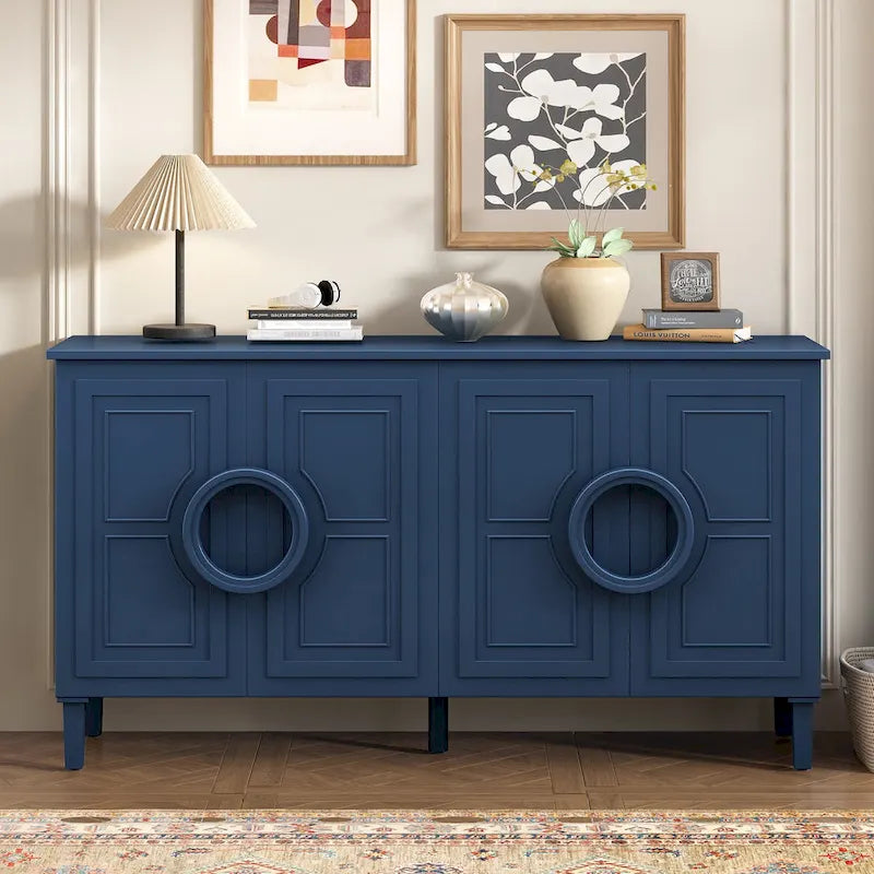Bahut 4 portes de style français bleu marine/noir avec poignées à anneau