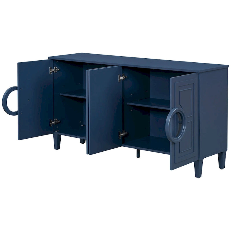 Bahut 4 portes de style français bleu marine/noir avec poignées à anneau