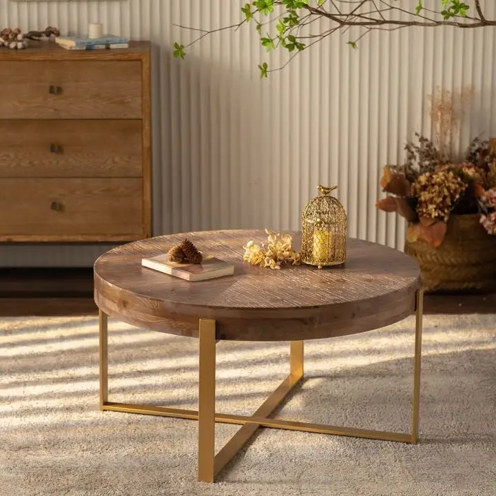 Table basse ronde avec pieds en croix Naturel et Or / Naturel et Noir