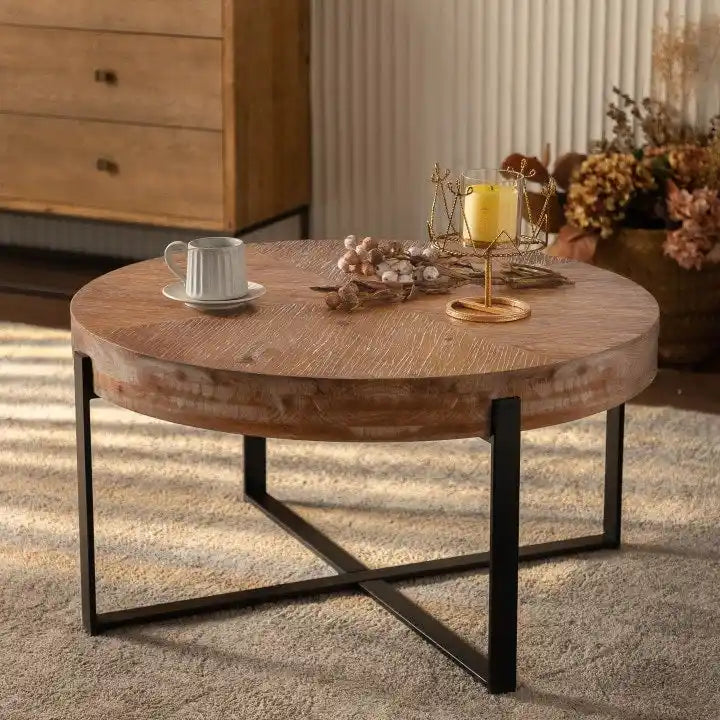 Table basse ronde avec pieds en croix Naturel et Or / Naturel et Noir