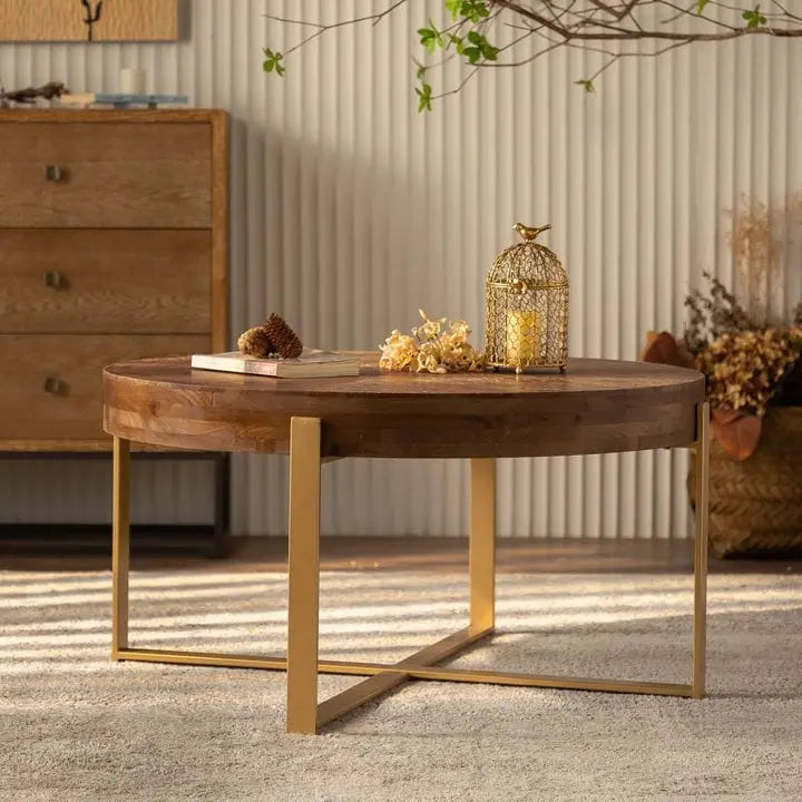 Table basse ronde avec pieds en croix Naturel et Or / Naturel et Noir