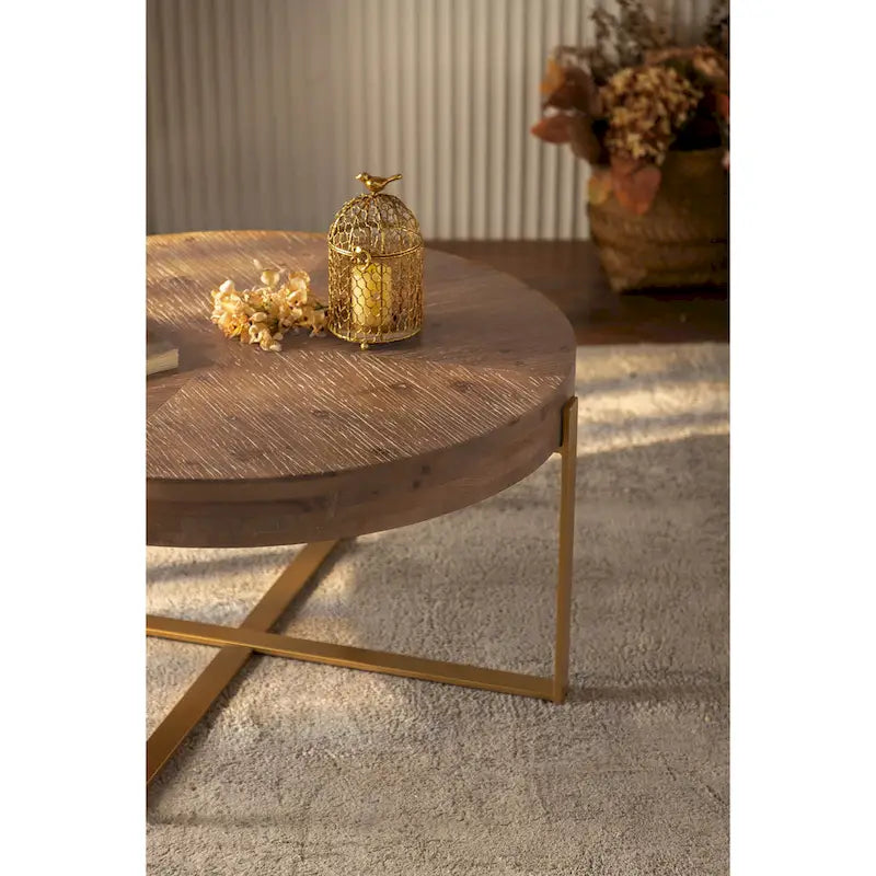 Table basse ronde avec pieds en croix Naturel et Or / Naturel et Noir