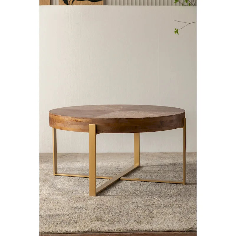 Table basse ronde avec pieds en croix Naturel et Or / Naturel et Noir