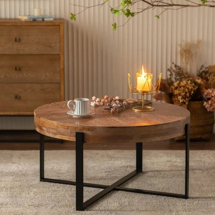 Table basse ronde avec pieds en croix Naturel et Or / Naturel et Noir