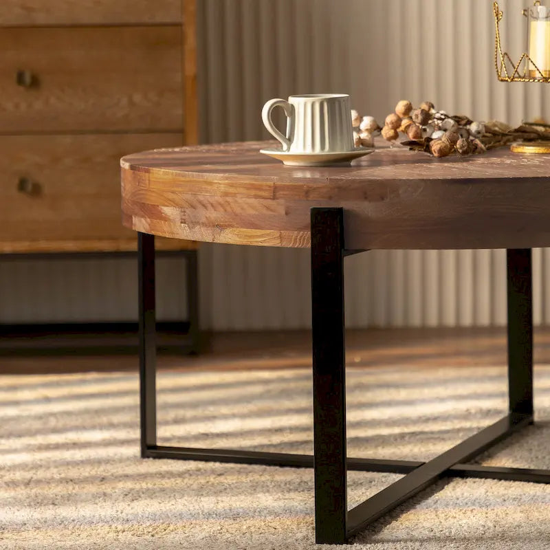 Table basse ronde avec pieds en croix Naturel et Or / Naturel et Noir