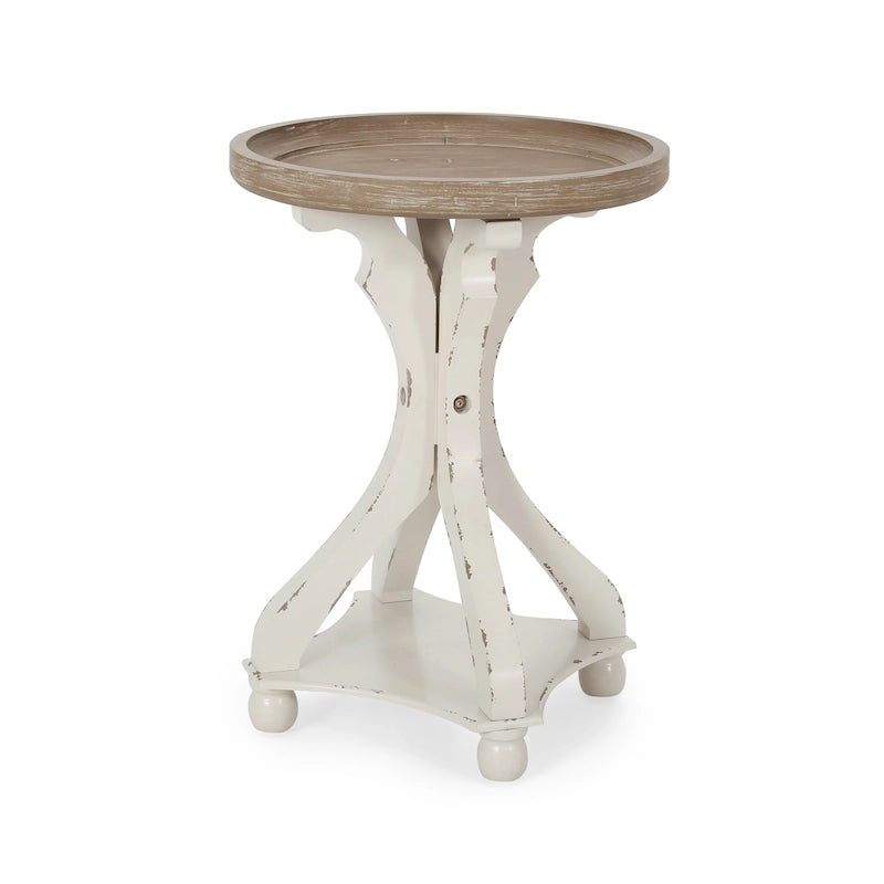 Table d'appoint ronde de style champêtre français, blanc vieilli et naturel, pour 1 personne