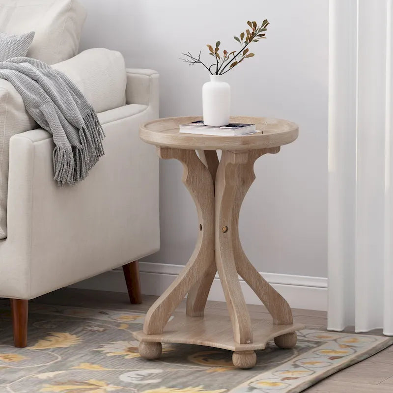 Table d'appoint ronde de style champêtre français, blanc vieilli et naturel, pour 1 personne