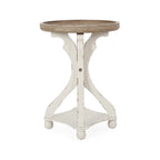 Table d'appoint ronde de style champêtre français, blanc vieilli et naturel, pour 1 personne