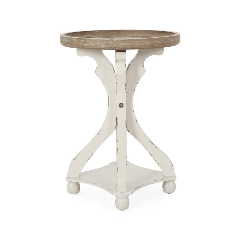 Table d'appoint ronde de style champêtre français, blanc vieilli et naturel, pour 1 personne