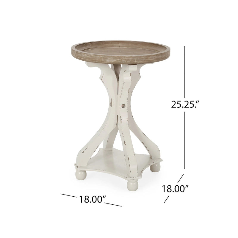 Table d'appoint ronde de style champêtre français, blanc vieilli et naturel, pour 1 personne