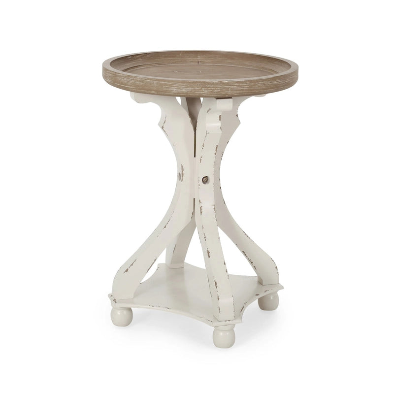 Table d'appoint ronde de style champêtre français, blanc vieilli et naturel, pour 1 personne