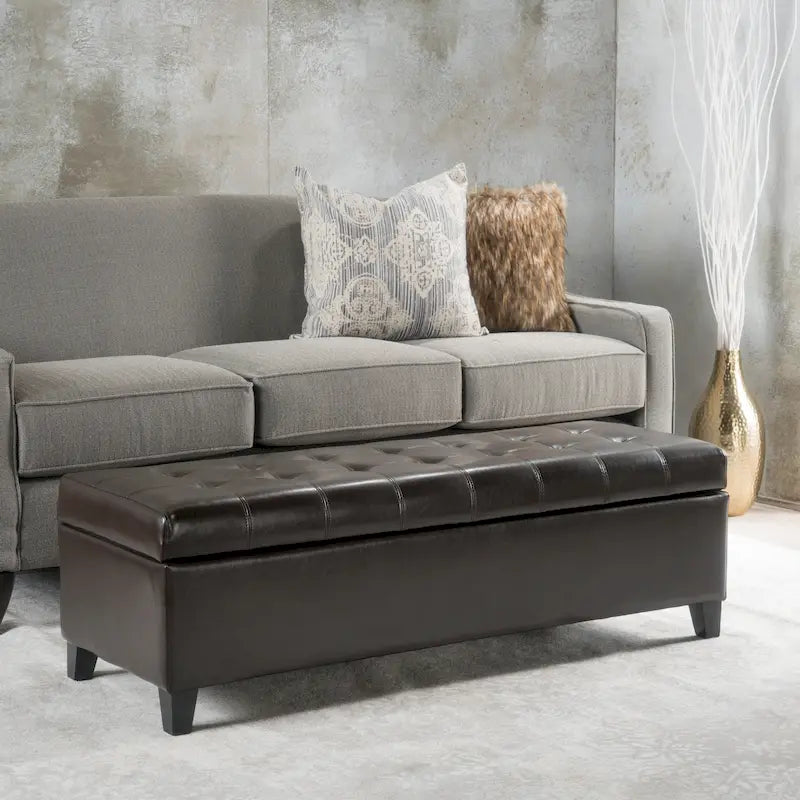 Banc de rangement ottoman en similicuir touffeté marron, moyen, 1-2 places
