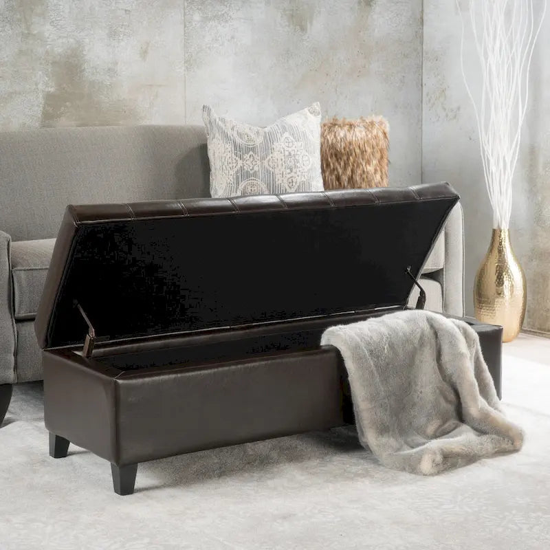 Banc de rangement ottoman en similicuir touffeté marron, moyen, 1-2 places