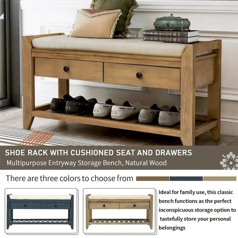 Banc de rangement d'entrée 1 personne avec tiroirs, Marine antique/Gris délavé/Pin ancien/Blanc/Espresso