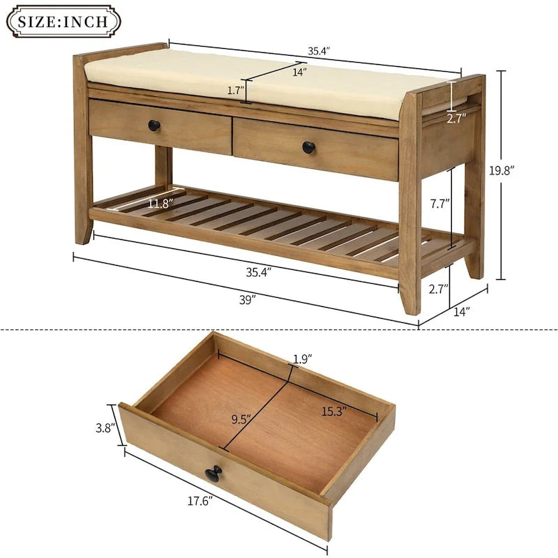 Banc de rangement d'entrée 1 personne avec tiroirs, Marine antique/Gris délavé/Pin ancien/Blanc/Espresso