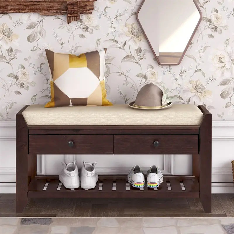 Banc de rangement d'entrée 1 personne avec tiroirs, Marine antique/Gris délavé/Pin ancien/Blanc/Espresso
