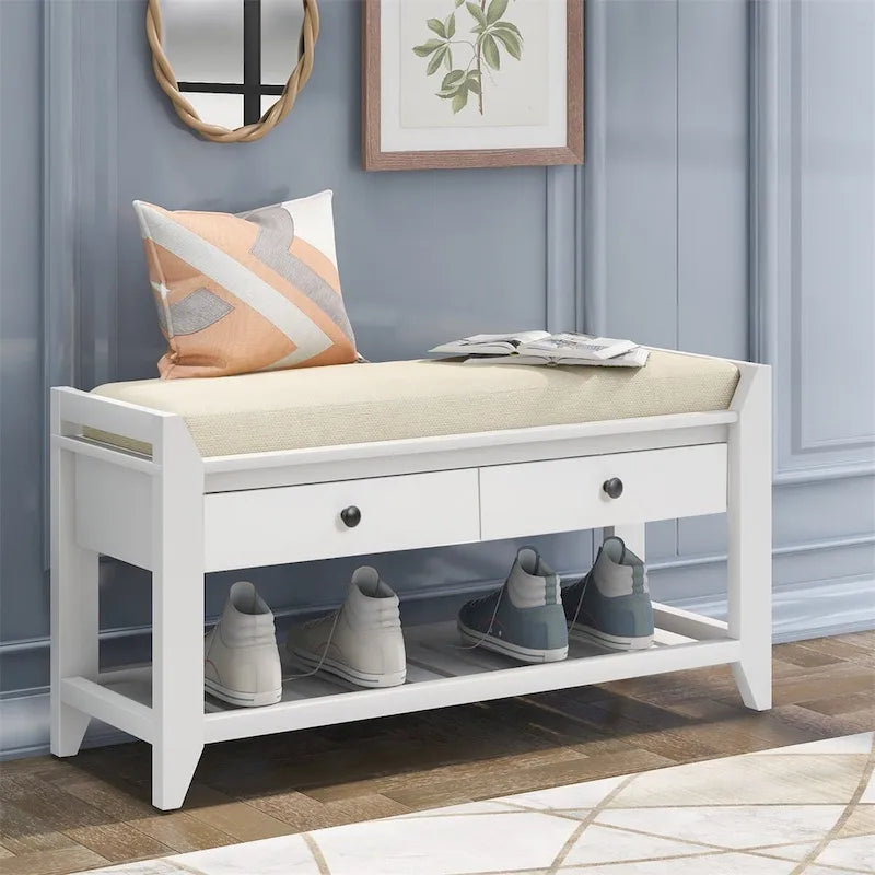 Banc de rangement d'entrée 1 personne avec tiroirs, Marine antique/Gris délavé/Pin ancien/Blanc/Espresso