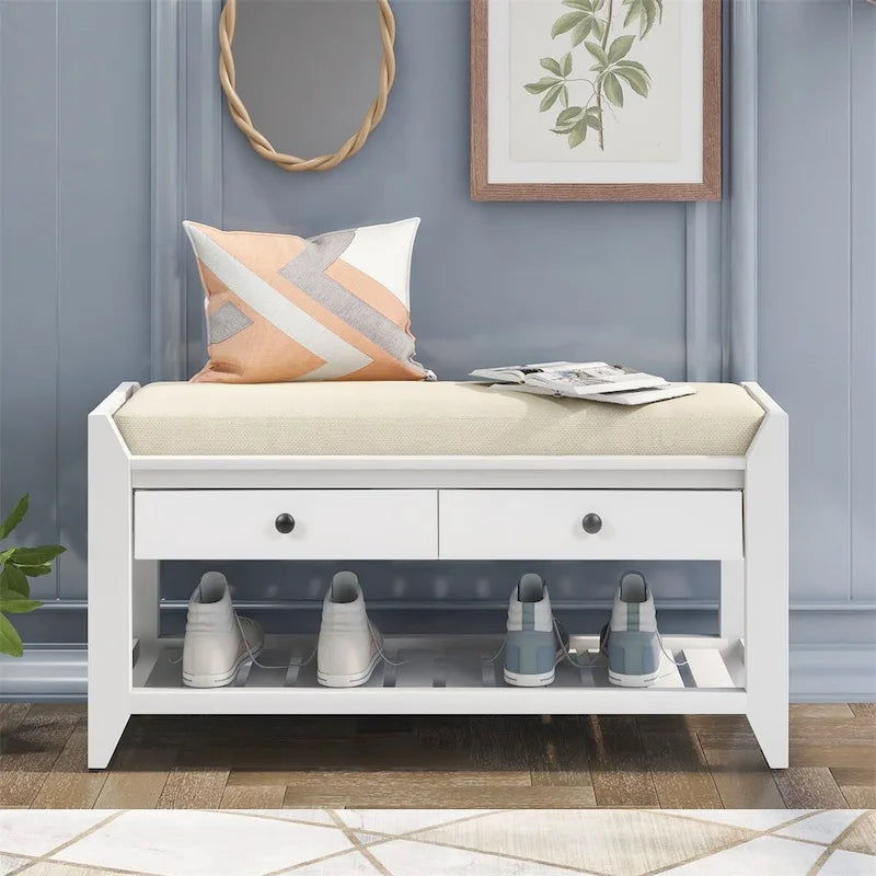 Banc de rangement d'entrée 1 personne avec tiroirs, Marine antique/Gris délavé/Pin ancien/Blanc/Espresso