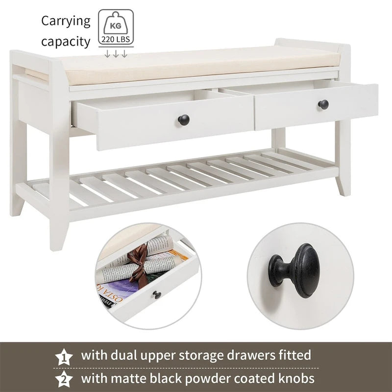 Banc de rangement d'entrée 1 personne avec tiroirs, Marine antique/Gris délavé/Pin ancien/Blanc/Espresso