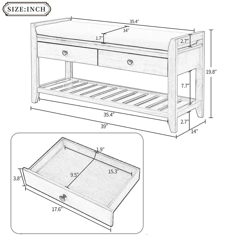 Banc de rangement d'entrée 1 personne avec tiroirs, Marine antique/Gris délavé/Pin ancien/Blanc/Espresso