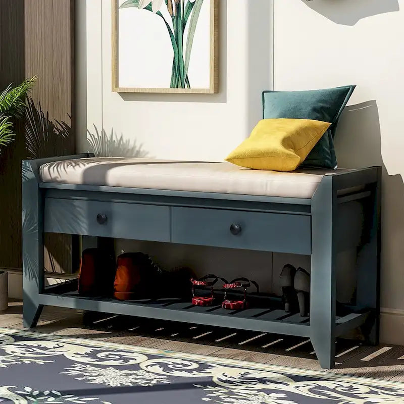 Banc de rangement d'entrée 1 personne avec tiroirs, Marine antique/Gris délavé/Pin ancien/Blanc/Espresso