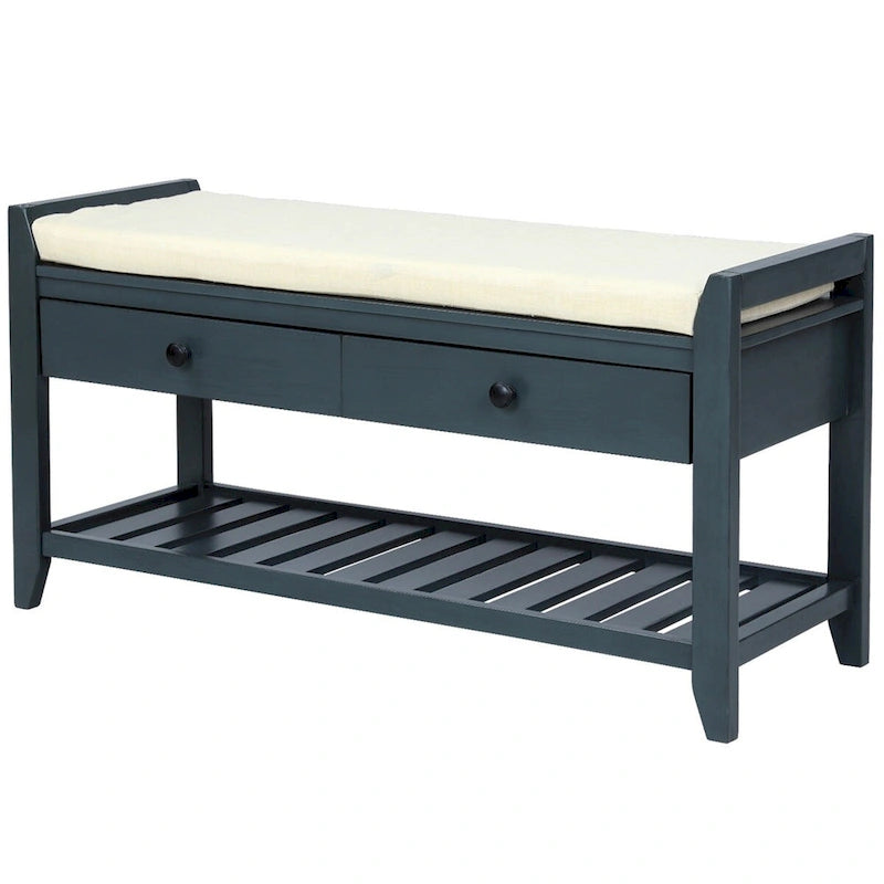 Banc de rangement d'entrée 1 personne avec tiroirs, Marine antique/Gris délavé/Pin ancien/Blanc/Espresso