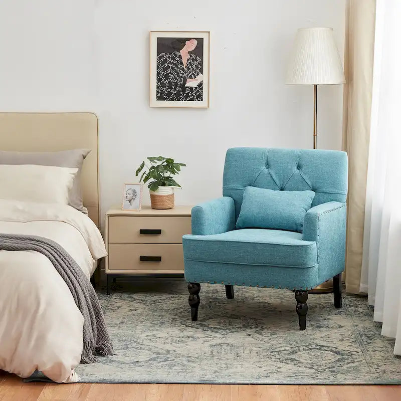 Fauteuil d'appoint capitonné une place avec oreiller lombaire, bleu lac / gris / beige / marron
