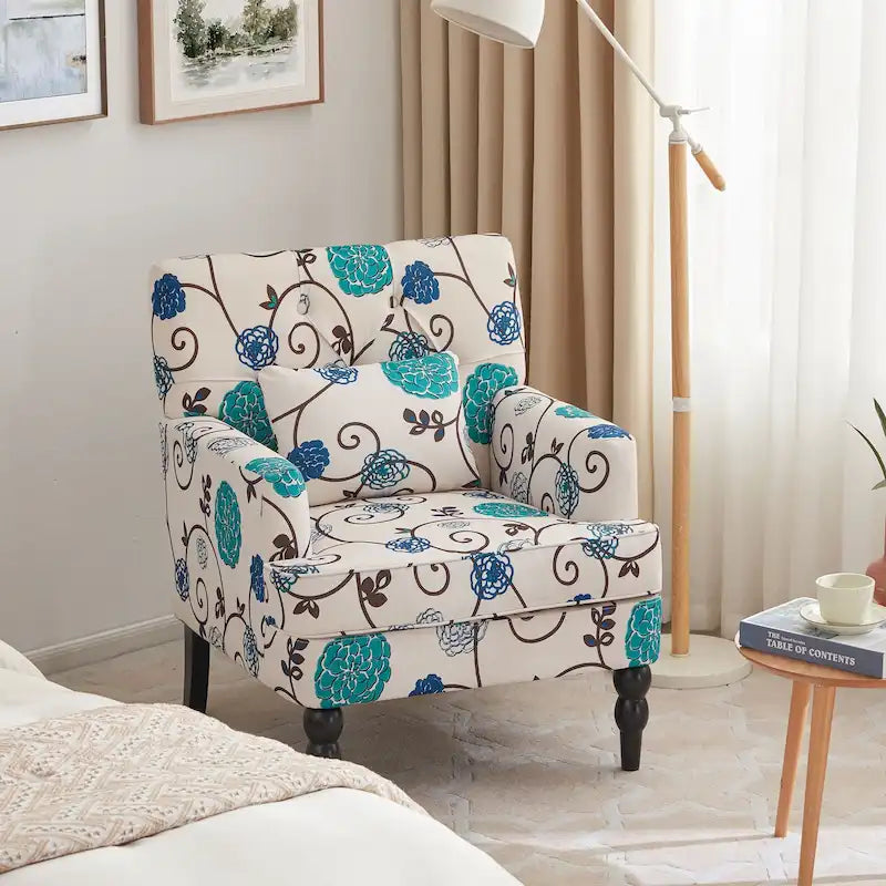 Fauteuil d'appoint capitonné une place avec oreiller lombaire, bleu lac / gris / beige / marron